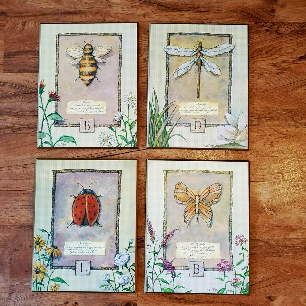Botanical Art Plaques, Set of 4 Signed, Ladybug, Dragon Fly, Bee, Butterfly, Bug